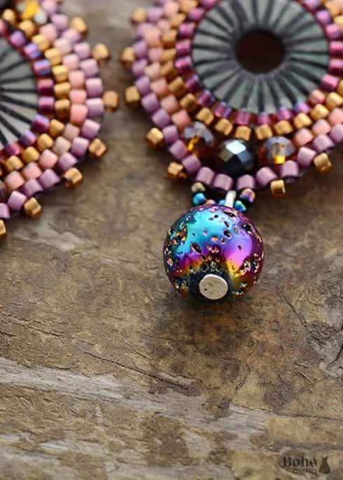 Boho Earrings, Dangle Earrings, Crystal Beads Lava Purple Stone